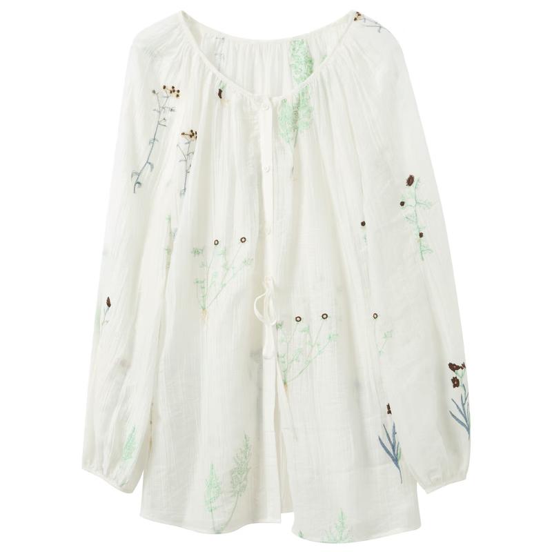 SanCai Lyocell Embroidered Loose Long Sleeve Blouse M