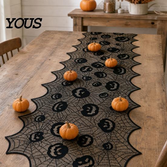 Black Lace Table Runner Halloween Runner, 70 x 15 Inch Spider Web Pumpkin Pattern Spooky Gothic Dinner Decoration for Kitchen Decor, Party Supplies