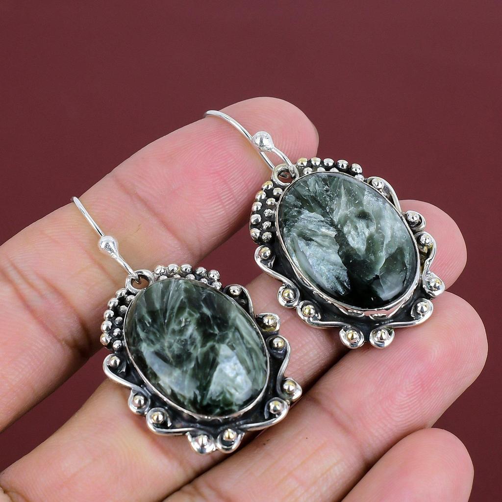 Seraphinite Earrings Gemstone Earring 925 Sterling Silver Earring Handmade Earring Natural Seraphinite Jewelry Gifts For Wife Dainty Earring