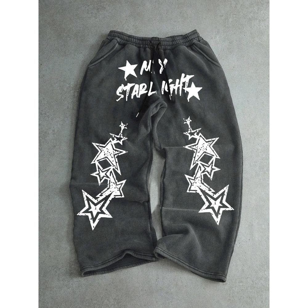 

Men s Black Wide Leg Sweatpants with White Star Prints STAR LIGHT Text, Drawstring Waist, Loose Fit, Urban Street Style Y2K Fashion XXL