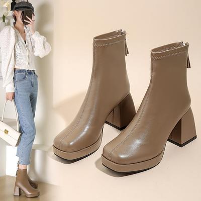 2025 Direct Sales Martin Boots Women's Autumn and Winter New Korean Version Rear Zipper High-heeled Short Boots Ankle Boots Square Heel Knight Boots