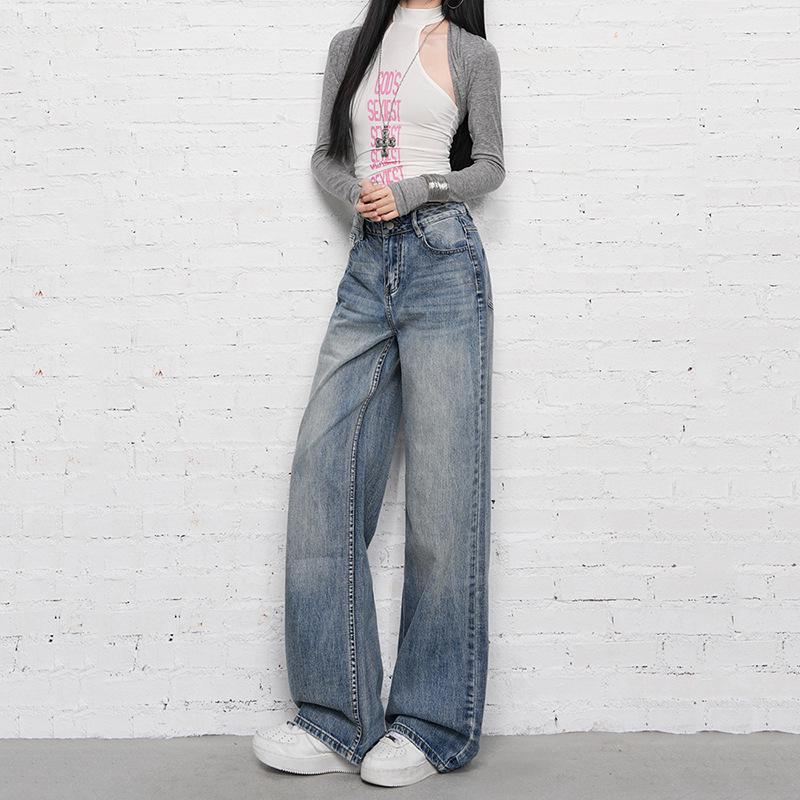 2026 Spring Korean High-Waist Printed Denim Straight-Leg Jeans for Women - Loose, Drape, Floor-Length Style