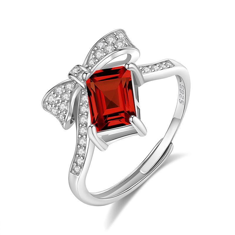 

925 Sterling Silver Bowknot Crystal Ring, Adjustable Open Band with Natural Gemstone, Elegant Luxury Women s Jewelry, Perfect Gift alive