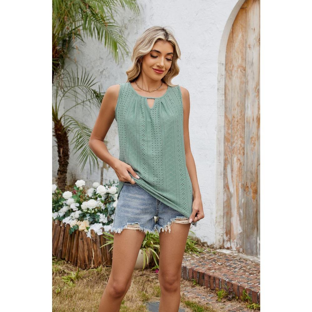 Sommer Neu Mehrfarbig Rundhals Ausgehöhlt Plissiert Weste Ärmellos T-Shirt Top für Damen