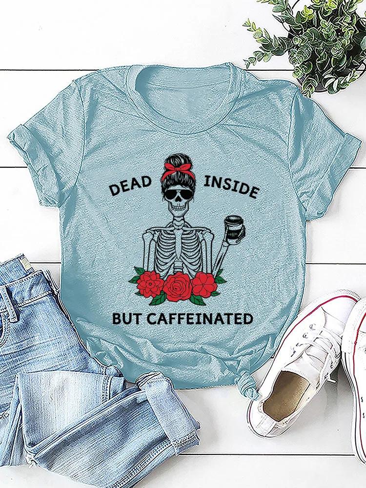 

DEAD INSIDE Skeleton Print Женская футболка с коротким рукавом и круглым вырезом Свободная женская футболка Женская футболка Топы Camisetas Mujer XXXL небесно-голубой