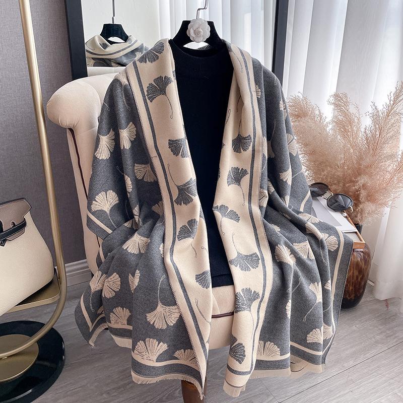 Scarf Women'S Winter High-End Sense Ginkgo Biloba Fashion Imitation Cashmere Warm Scarf Short Beard Fringed Shawl
