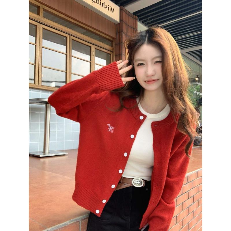 Dopamine knitted cardigan women's coat bow embroidered sweater spring and autumn loose lazy top