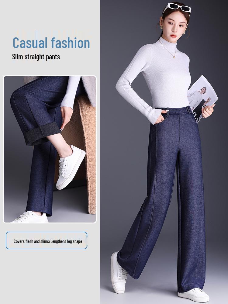 2025 Autumn/Winter High-Waisted Plus Size Straight-Leg Women's Pants - Elastic Waist, Comfortable, Casual, Draping Fashion Trend.