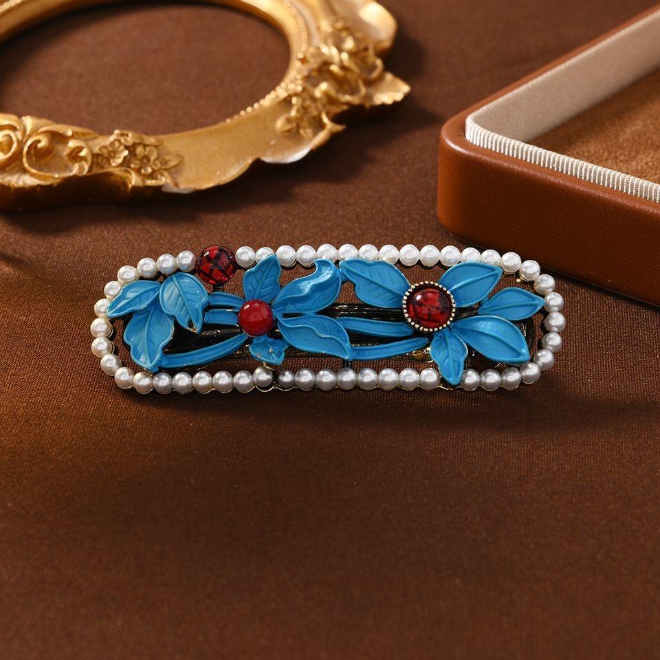 

1pc Fashion Vintage Enamel Floral Hair Barrette Pearl Border Vibrant Leaves Accents Perfect Adding Timeless Oriental Cheongsam