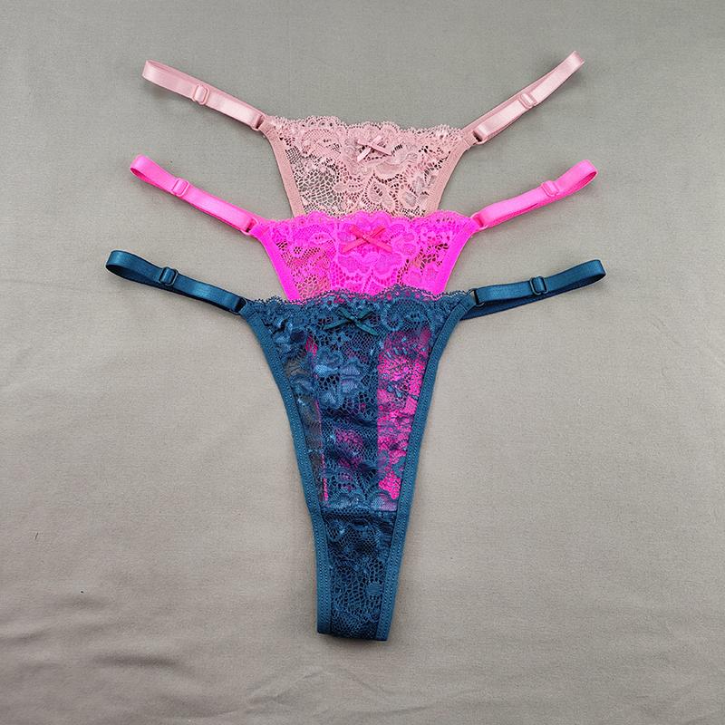 3Pcs Women's Lace Hollow Out Thongs Sheer G-Strings Sexy Ultra-low Rise Seamless Panties Perspective Bow Knickers