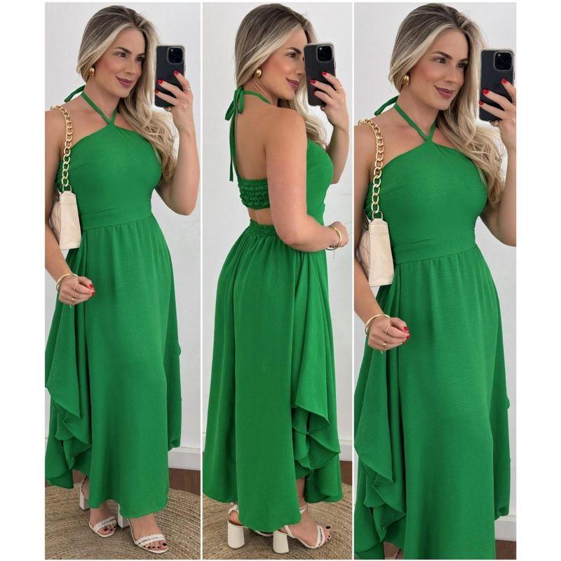 

Holiday Style Personality Print Hanging Neck Tube Top Thin Drawstring Dress Pure Green Dress XL