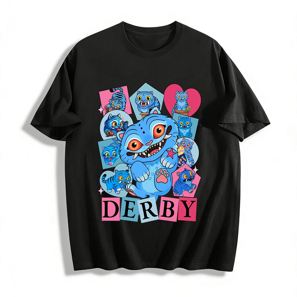 

Vintage Blue Cat Derby Print T-shirt, Whimsical Cartoon Unisex Casual Crewneck Top Pure cotton T-shirt XXS