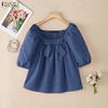 Women Square Collar Casual Short Sleeve Grid Print Blouse