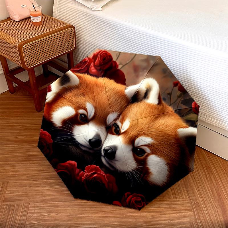 Red Panda and Rose pattern, automatic folding umbrella, portable and foldable design, 8 ribs, a Christmas or birthday gift.