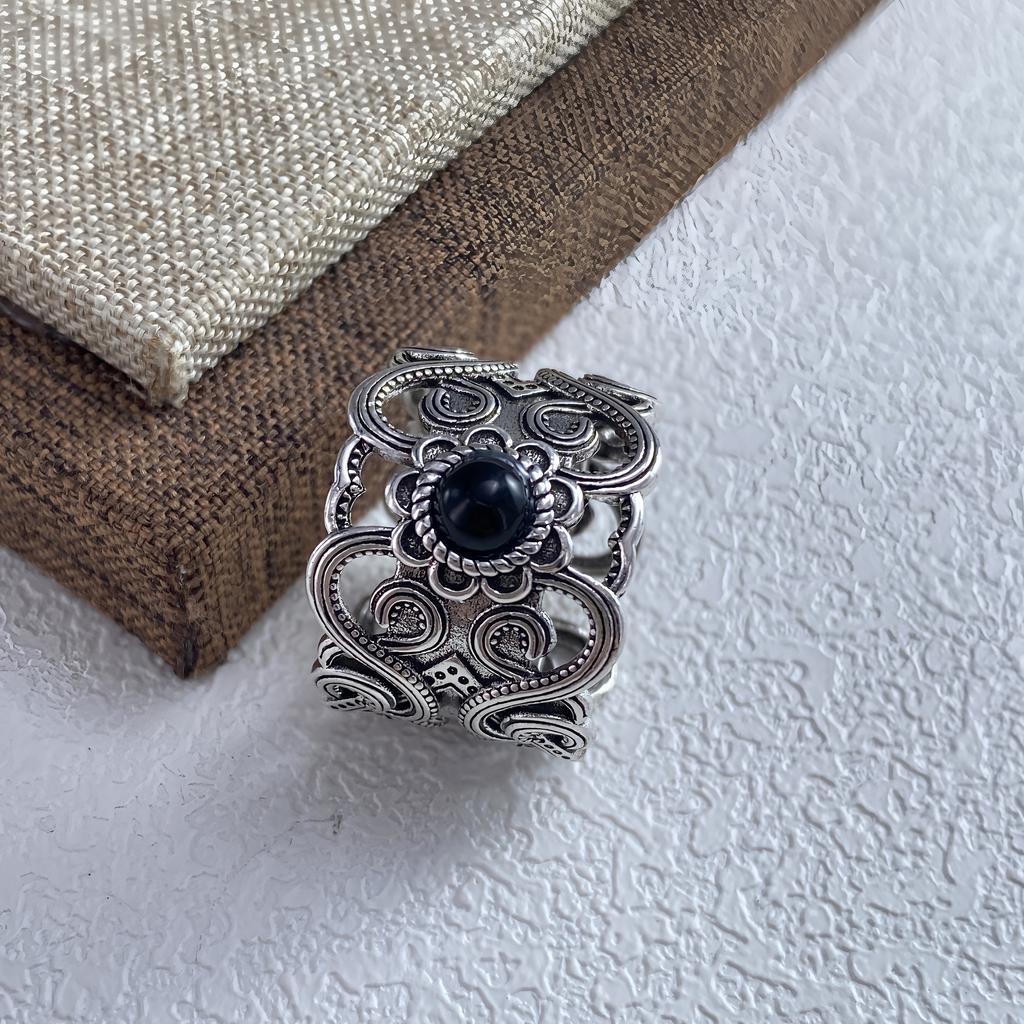 PANJBJ 925 Sterling Silver Hotan Jade Geometric Ring for Women Girl Adjustable Retro Delicate Jewelry Birthday Gift Dropshipping