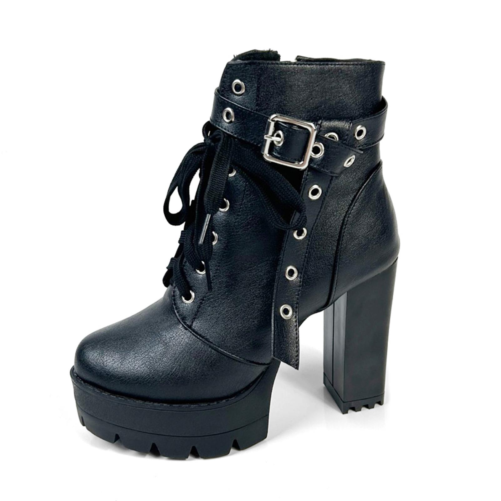 

FOREADA Женские ботильоны с круглым носком, на толстом высоком каблуке, на платформе, на молнии, на шнуровке, короткие ботинки, женская модная обувь, осень-зима, черные 39 чёрный