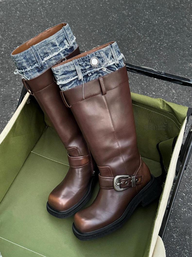 

Версия из коровьей кожи ~ Сапоги из натуральной кожи Майярд, ковбойские сапоги до колена, рыцарские сапоги, женские высокие сапоги на платформе 40