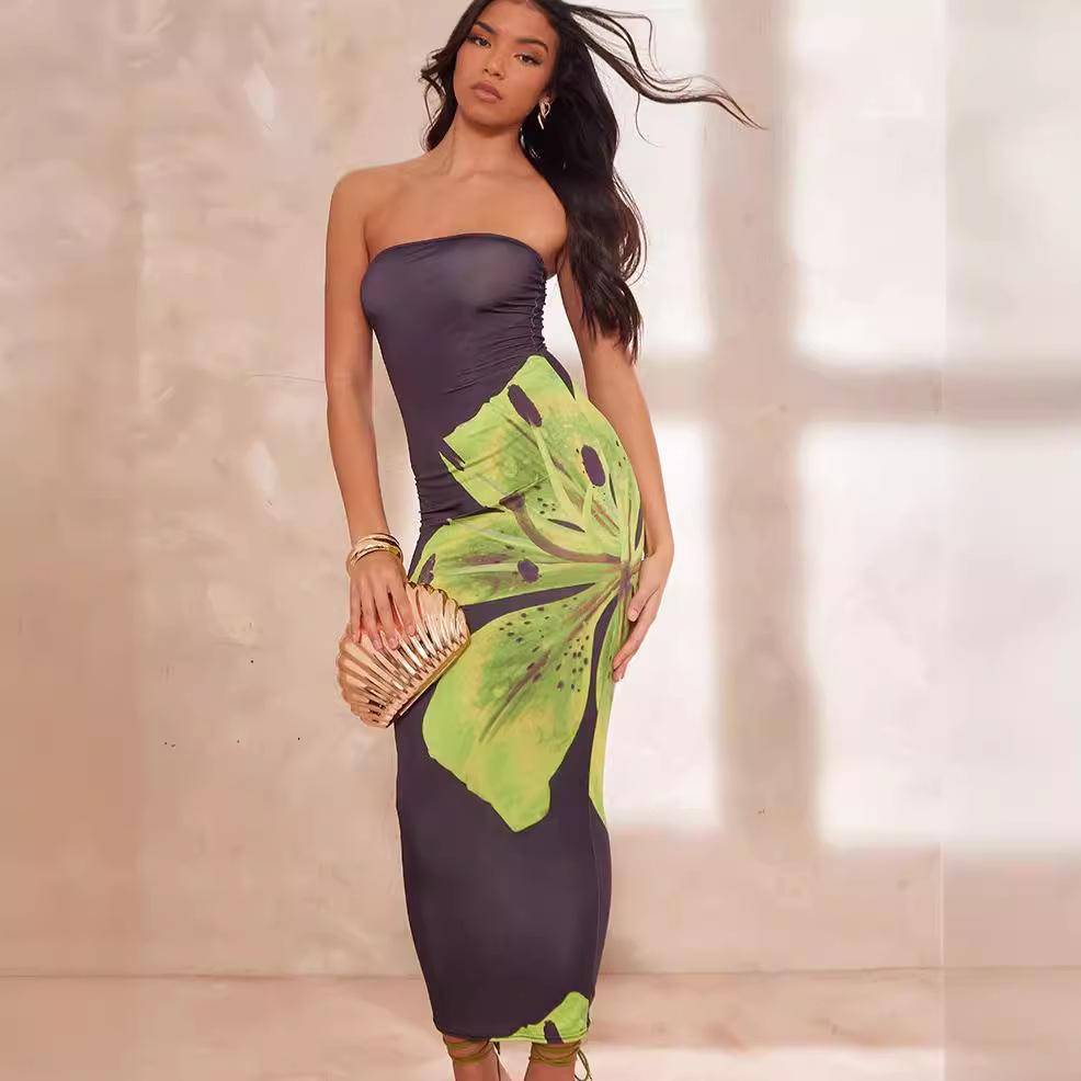 European and American new women's clothing holiday style tube top off shoulder slim dress fashion printing split hip women's dress