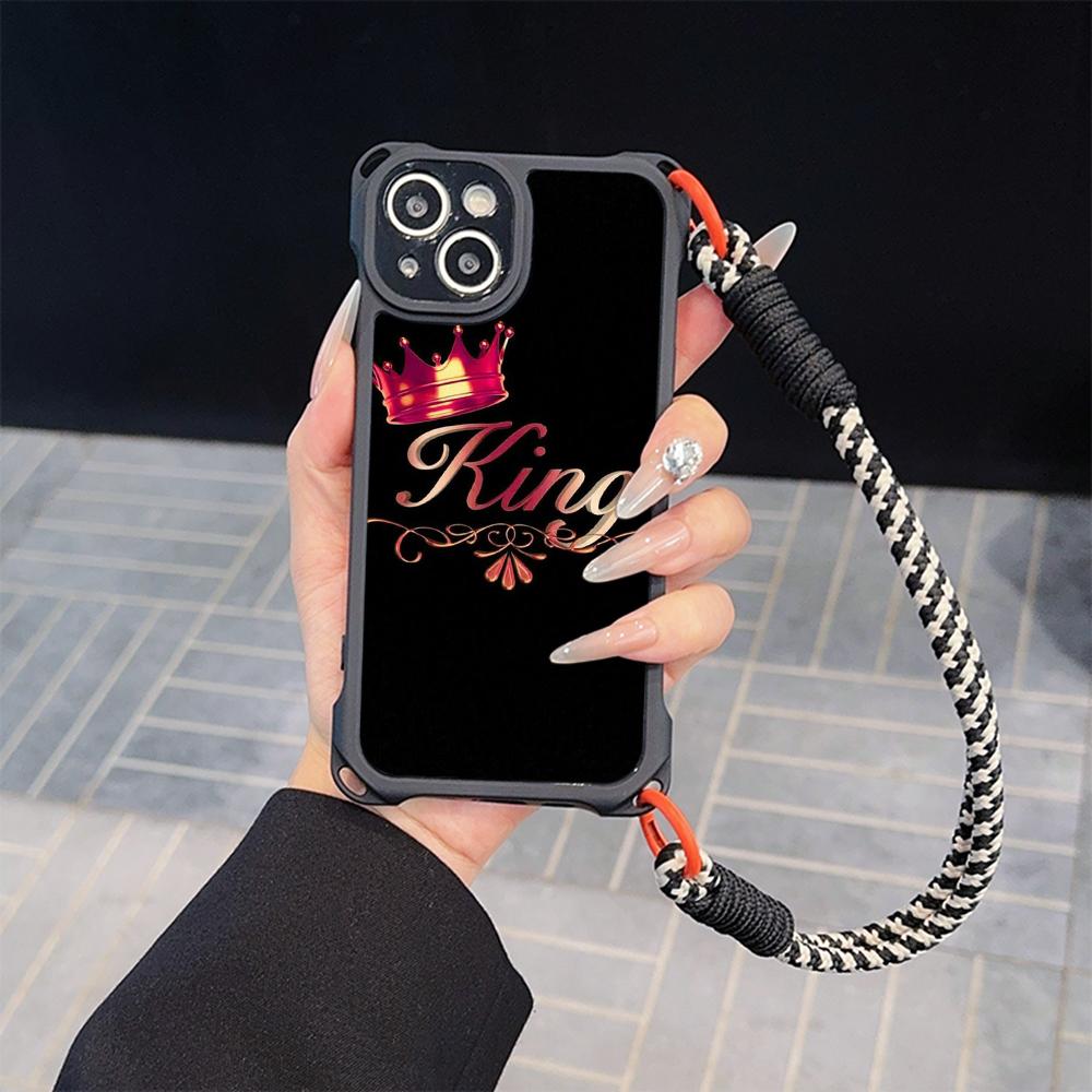 Ae84 King Queen Couple Art Soft Phone Cases for iPhone 16 15 14 13 12 11 Pro Max 8 7 Plus XR XS with Wrist Strap Lanyard Corner Protection Back Cover
