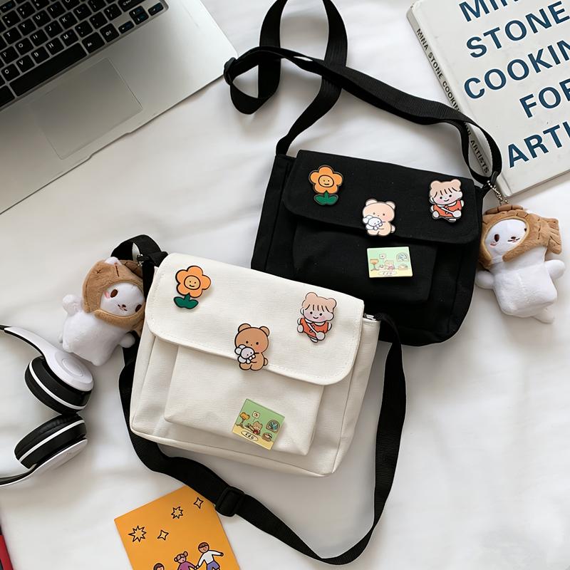 Adorable Canvas Crossbody Bag with Cute Pins Lightweight Shoulder Bags for Women, Ideal for School, Work & Everyday Outfits