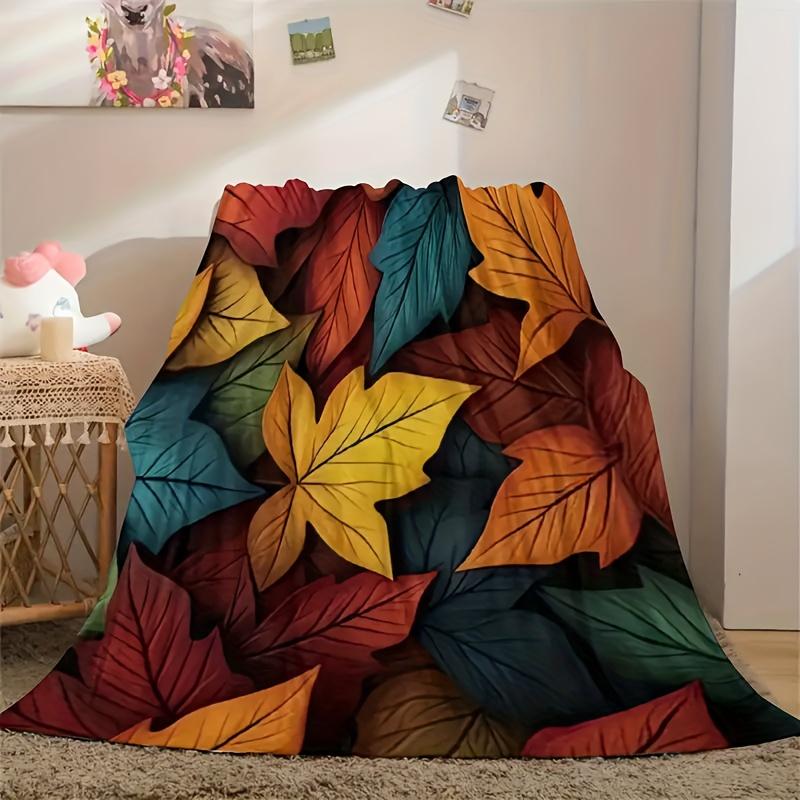 One Piece Maple Leaf Pattern Flannel Blanket, Soft, Warm, Lightweight, Machine Washable, Knitted, All Season, Multi-purpose