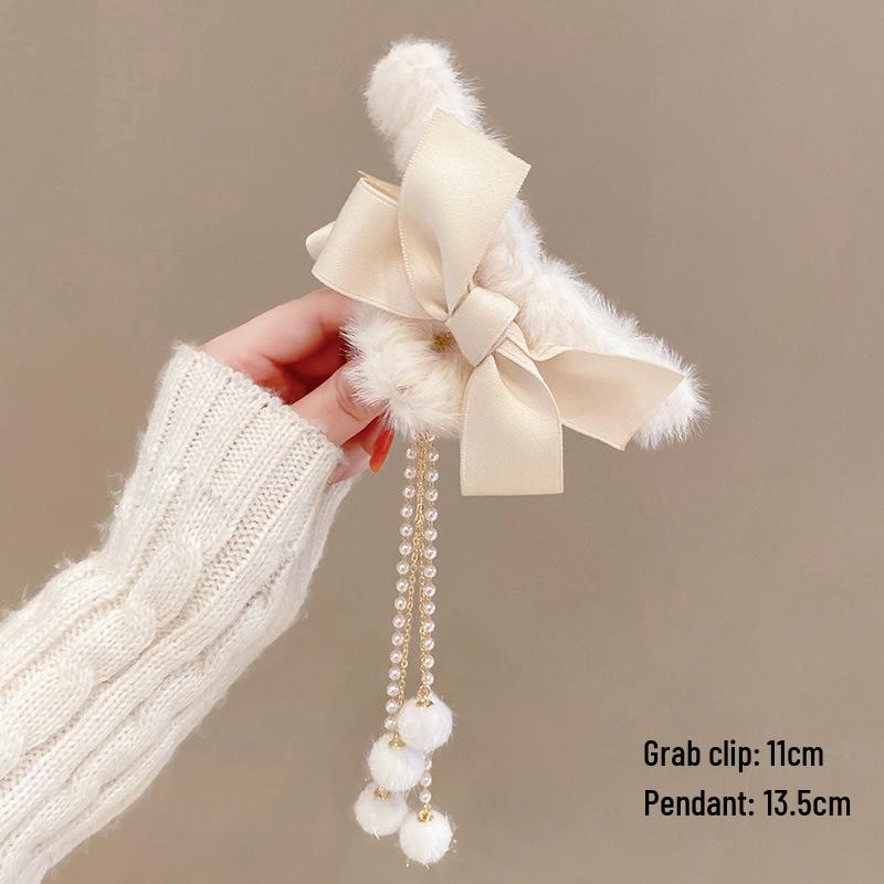 Korean Style Plush Bow Hair Clip with Tassel - Autumn/Winter Women's Hair Accessory