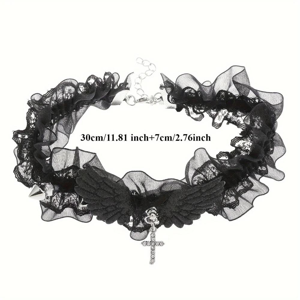 Angel Wings Gothic Lace Rivet Choker Necklace, Lolita Cyberpunk Retro Clavicle Jewelry Accessories for Women