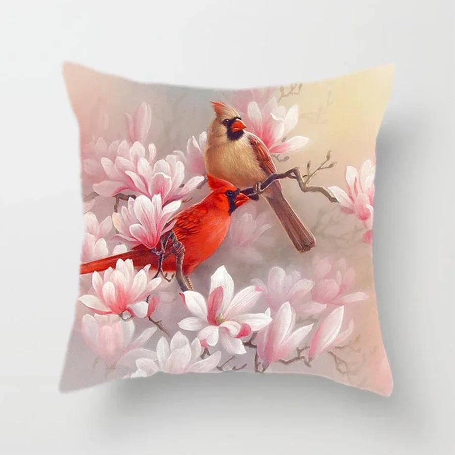 Cute Bird And Flower Pattern Double-Sided Printed Pillow Cover Short Plush Suitable Living Rooms Bedrooms Throw Cushion Cover