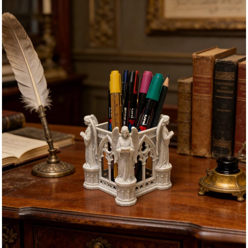 Vintage Gothic Cathedral Arch Angel Figurine Pen Holder 3D Printed Desk Organizer Aesthetic Decor for Makeup Brushes& Stationery