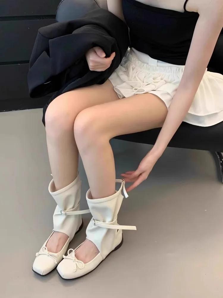 Fashion Retro Square-Toe Mary Jane Shoes - Women's Milk-White Bow Strappy Flats