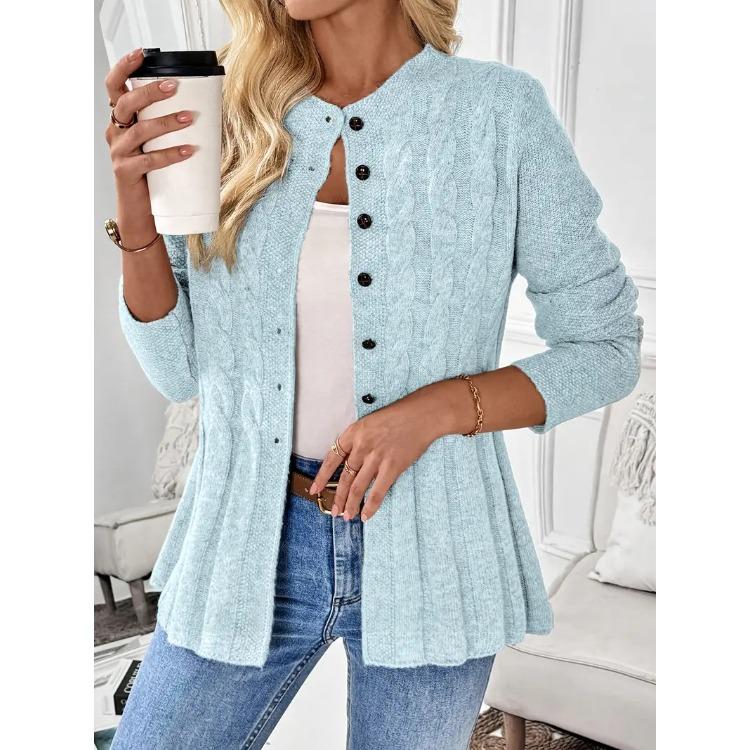 Women Knitted Cardigan Long Sleeve Button Down Cinched Waist Sweater Pink Casual Elegant Top
