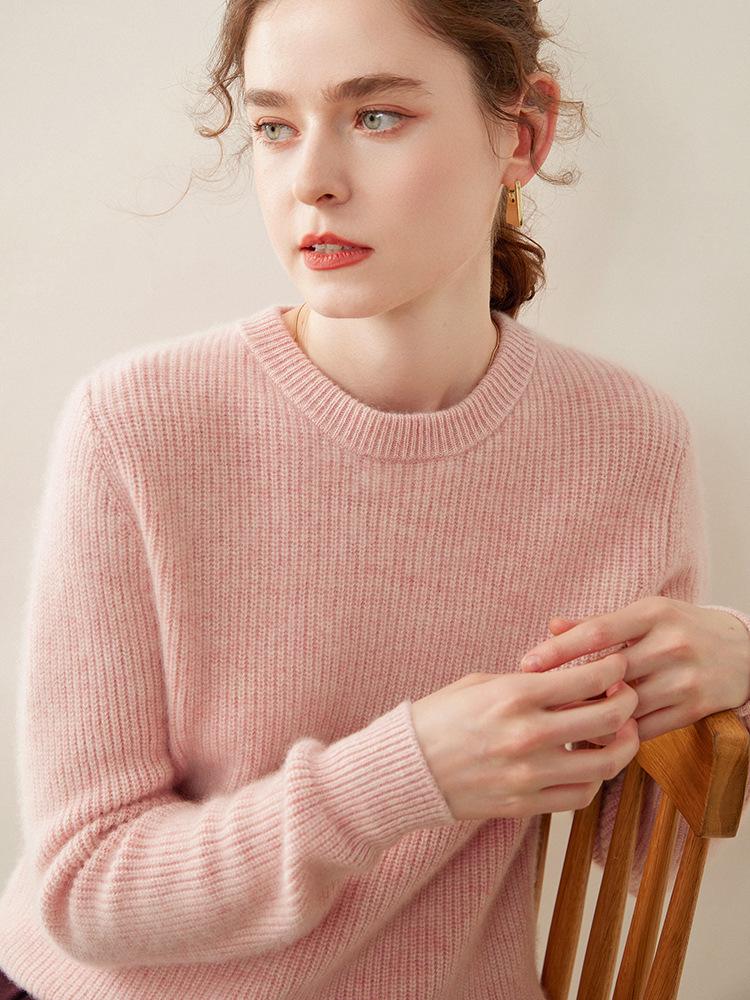 Autumn/Winter 2024 Women's Cashmere Knit Ribbed Sweater – Loose, Slimming, Round Neck Base Layer Top
