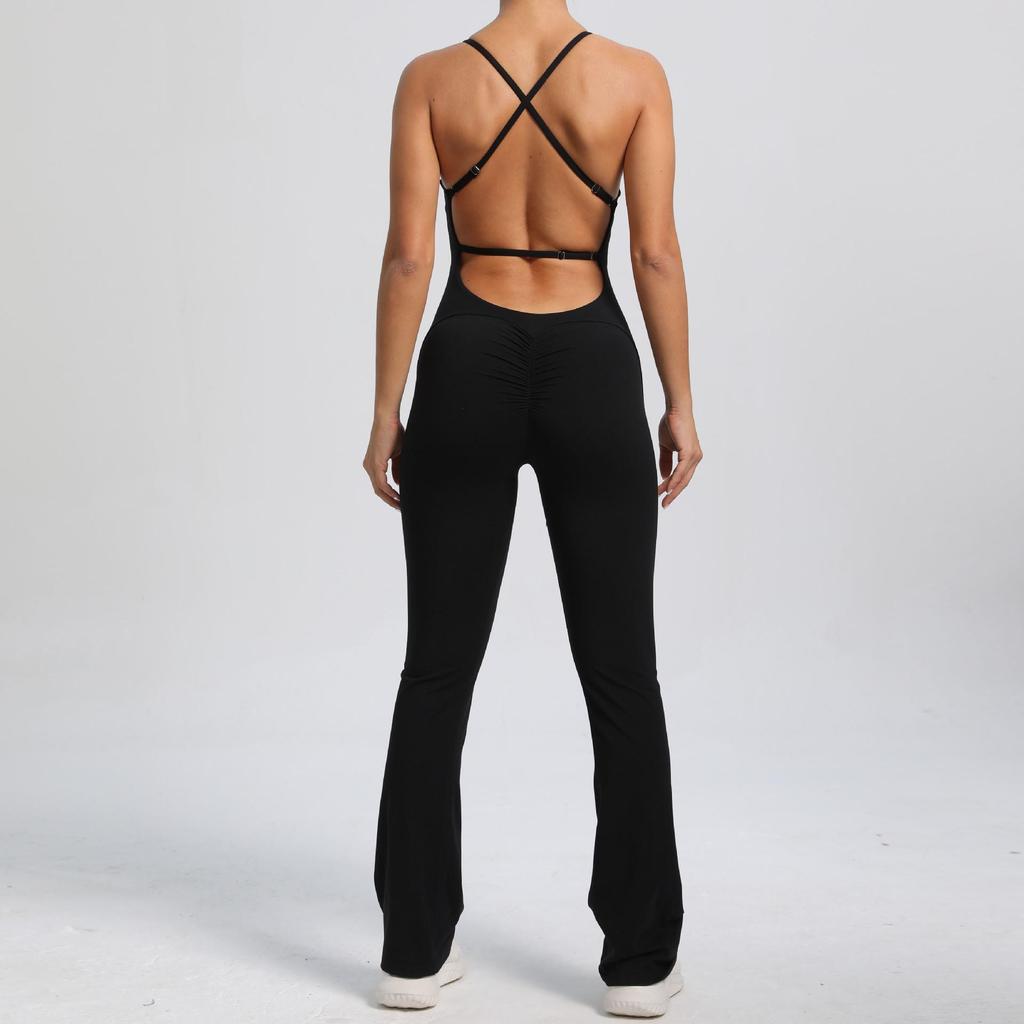 Adjustable Strap Flare Bodysuit Yoga Wear - European & American Sports Fitness Jumpsuit
