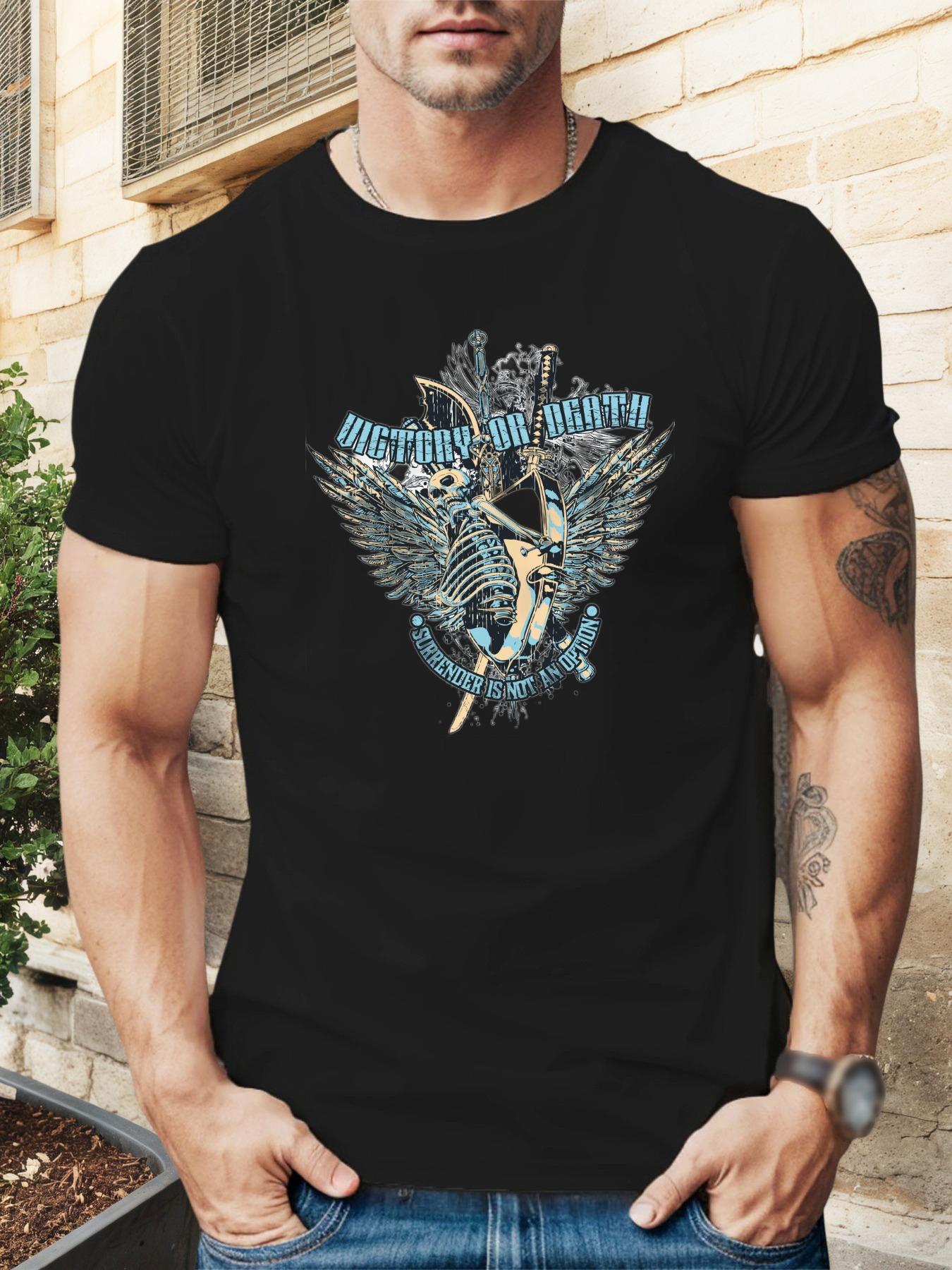 UIGTORY Skull & Sword Graphic T-shirt - Black Casual Summer Tee with Blue & White Design M