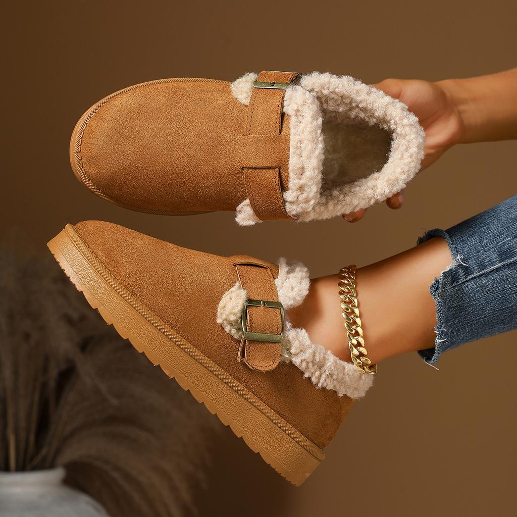 Fashion Women Brown Suede Closed Toe Boots Lined Buckle Strap Platform Winter Warm Comfortable Casual Slip on Boots for Women