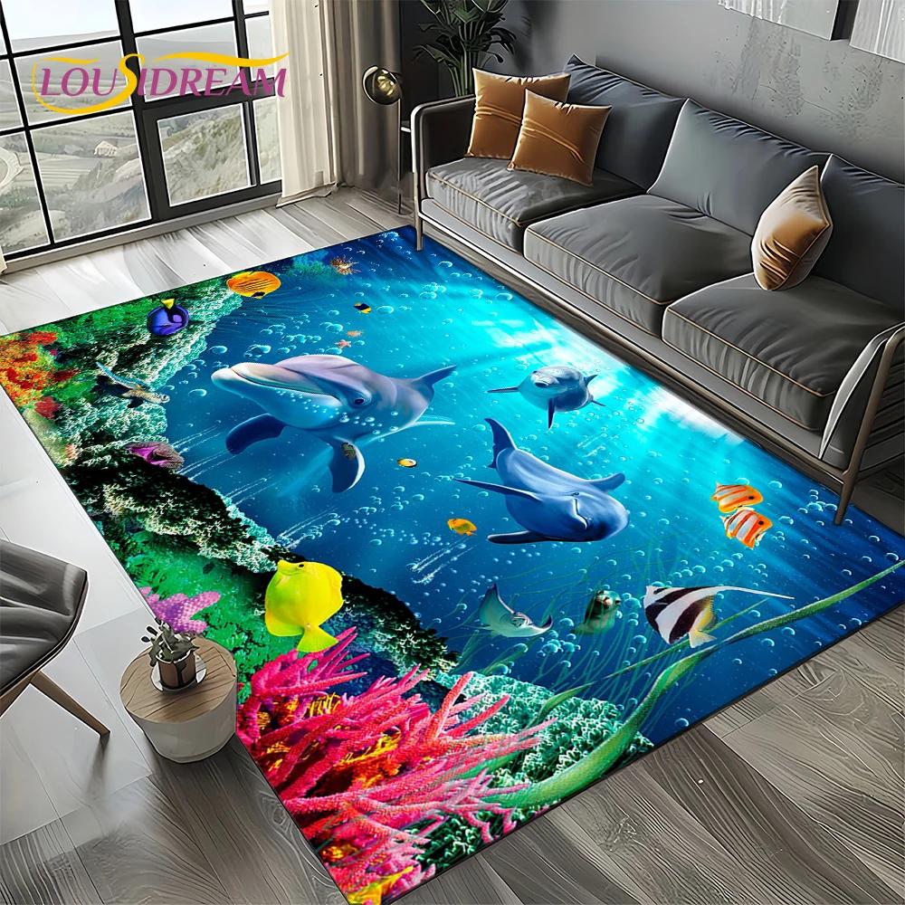 Underwater World 3D Illusion Seabed Cartoon Shark Dolphin Carpet Rug for Living Room Bedroom Home Sofa Decoration,Floor Mat Kid