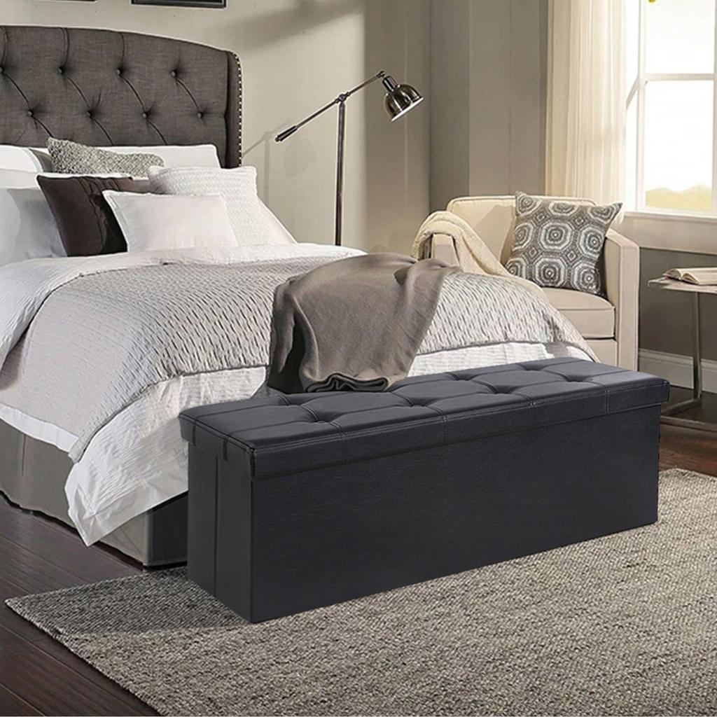 SONGMICS 43 Inches Folding Storage Ottoman Bench, Storage Chest, Footrest, Coffee Table, Padded Seat, Faux Leather, Holds up to 660 lb, Black U