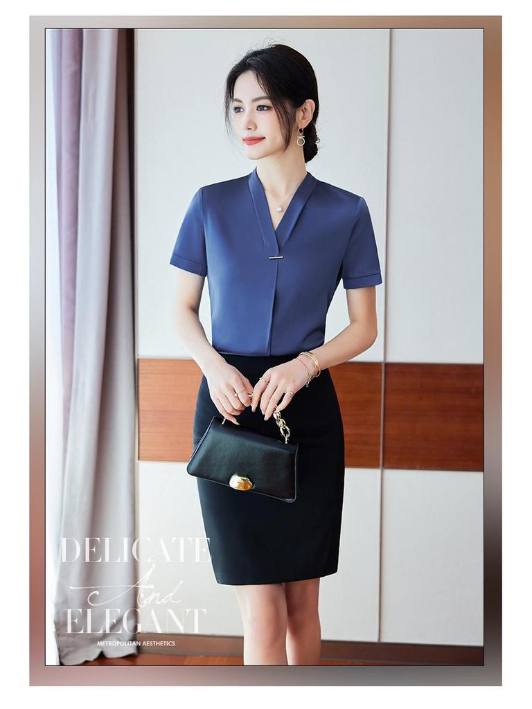 Women's Short Sleeve Satin V-neck Blouse: Wrinkle-resistant, Slim Fit, Professional White Work Shirt for Summer