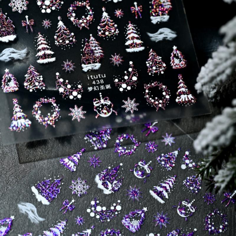 1Pcs Christmas Embossed Nails Art Stickers Dreamy Castle Christmas Tree Snowflake Self-Adhesive Manicure Decals Nail Decoration