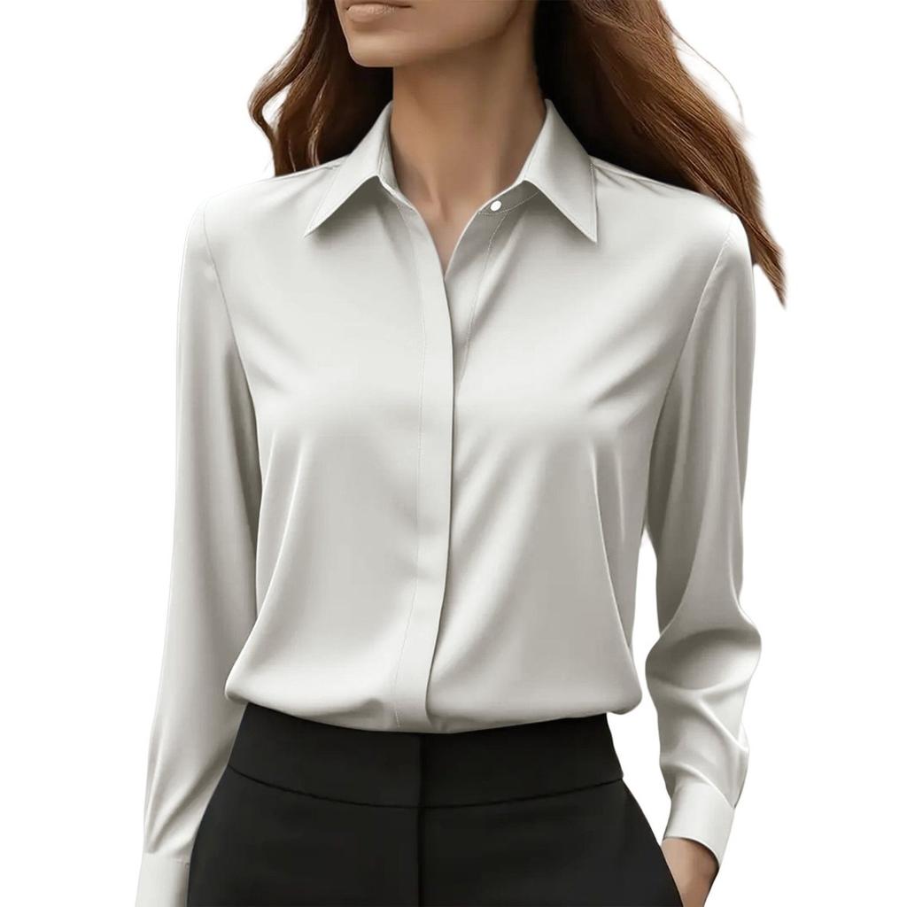 Damen-Hemd mit Umlegekragen, langen Ärmeln, aus Satin, Regular Fit, für den Weg zur Arbeit