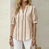 Dames Zomer Korte Mouw Losse Pasvorm Gekreukeld Linnen Gestreept Print Shirt Top