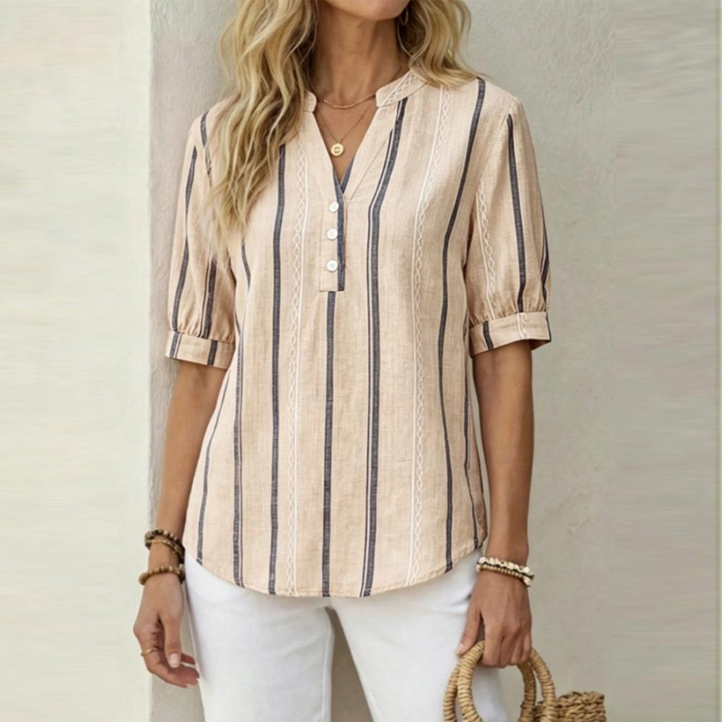 Dames Zomer Korte Mouw Losse Pasvorm Gekreukeld Linnen Gestreept Print Shirt Top