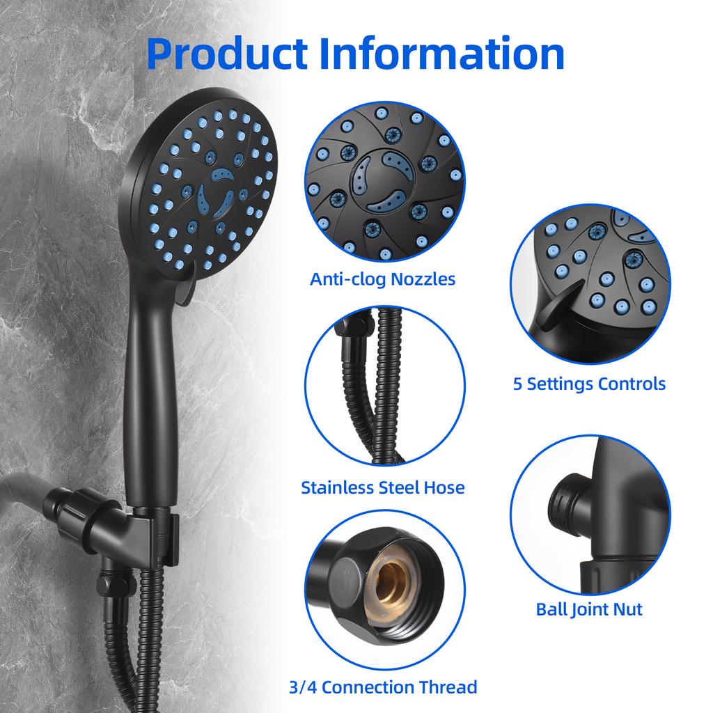 High Pressure Shower Head 7-mode Handheld Shower Head Anti-clog Nozzles Showerhead with 62-inch