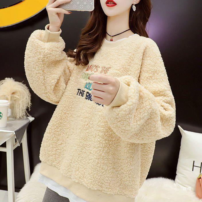 Women's Fleece-Lined Lamb Wool Sweatshirt, Trendy Winter Korean Style, Loose Fit, Plus Size, Faux Two-Piece