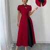 Women Stand Collar Short Sleeve Midi Dress Contrast Color Chinese Style Dress