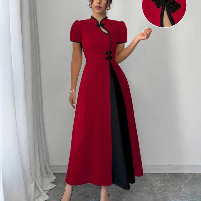 Women Stand Collar Short Sleeve Midi Dress Contrast Color Chinese Style Dress
