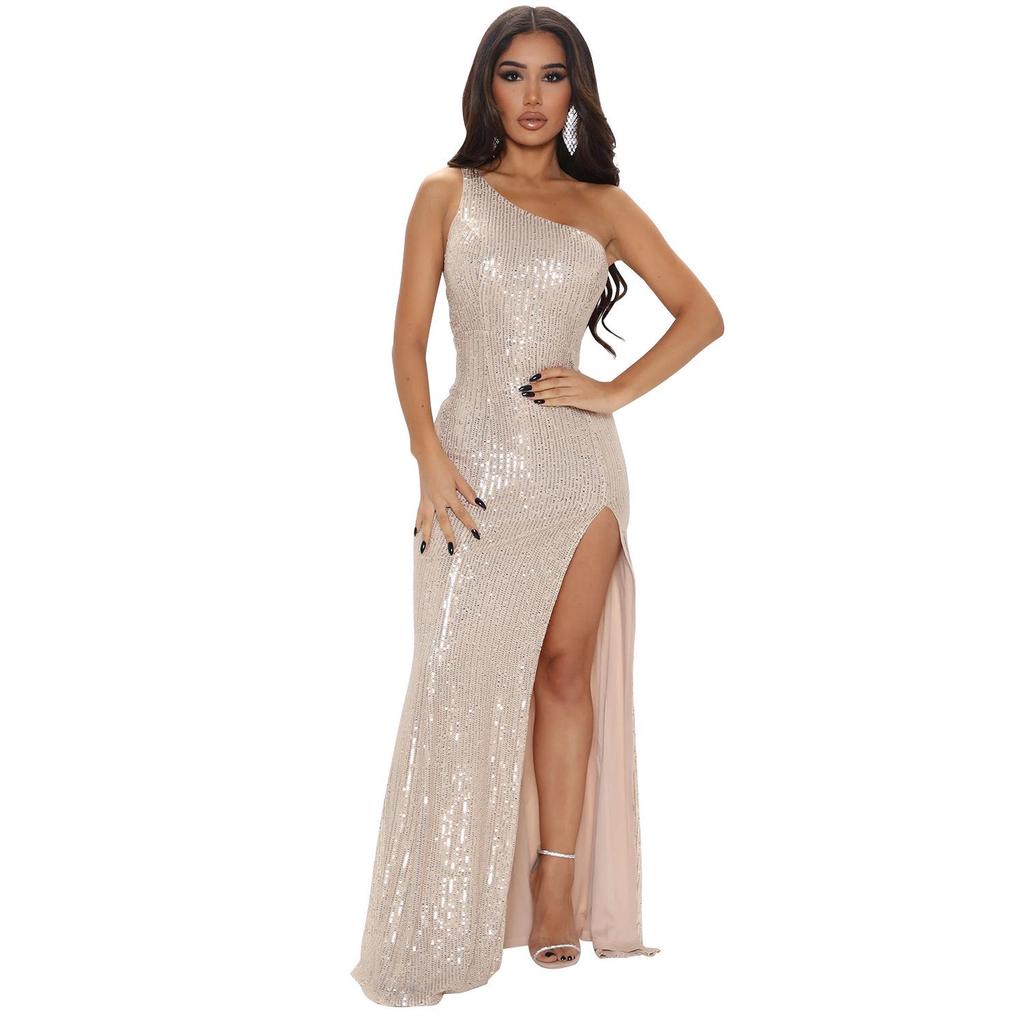 OS6739 European & American Women's Sexy Sleeveless Sequin Dress with Oblique Shoulder Design