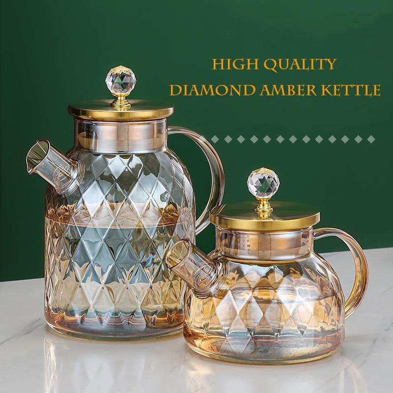 Amber color Diamond Glass Household Kettle Heat-resistant thickened glass household juice flower teapot 1750 ml