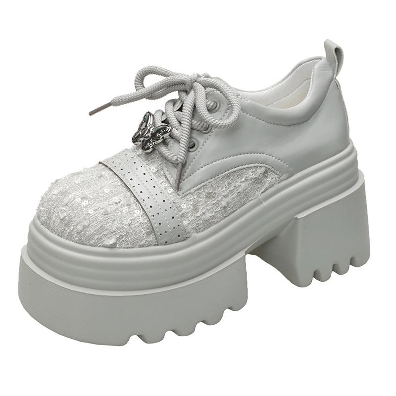 European 2025 new leather sequined cloth thick sole thick heel lace-up low-top shoes single shoes round head loafers women's shoes
