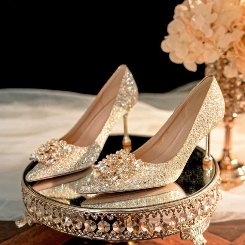 Fashion Spring New Thin Heel Shoes Women's Fashion Pointy Shallow Mouth Glitter Anti-slip Wear-resistant High Heels